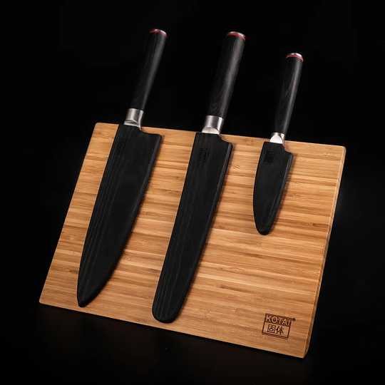 The Essential Set Deluxe Edition (B): 3 Knives (Paring Knife + Gyuto + Bread Knife) + 3 Accessories (Magnetic Bamboo Knife Holder + Honing Steel + 400