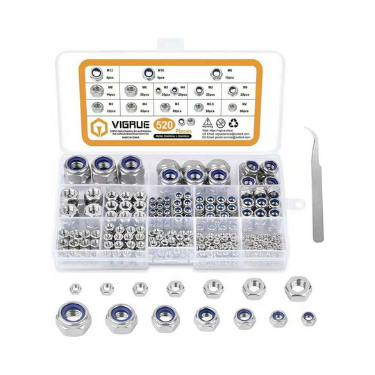 Betterlifegb - 520 Pieces Nylon-insert Hex Nuts with a Tweezers, Stainless Steel Hex Lock Nut M2 M2.5 M3 M4 M5 M6 M8 M10 M12 Lock Nut Set