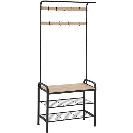 Tectake - Coat & shoe rack - Industrial style wardrobe, coat stand, shoe rack with seat and coat hooks - 73.5x36x184cm industrial wood light, oak
