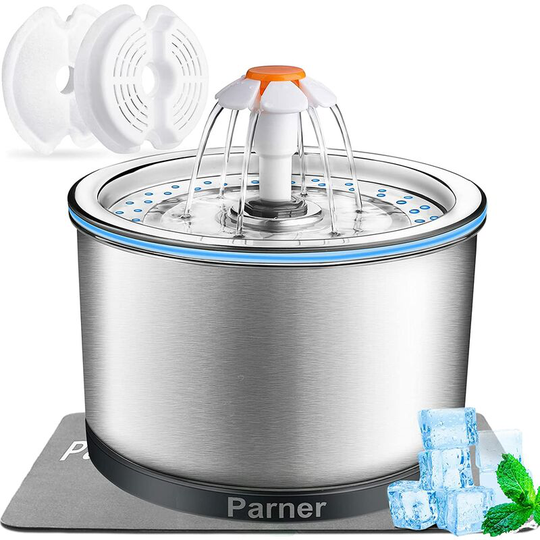 Parner Cat Water Fountain 2.5L Stainless Steel with 2 Activated Carbon Filters and 1 Waterproof Silicone Interlayer thsinde