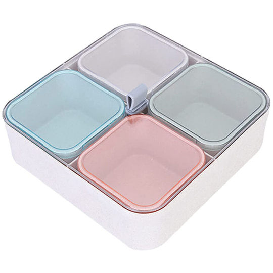 Divided containers with clear lids Serving tray - 4 separate plastic storage compartments with lid - for sweets, fruits, vegetables, nuts, snacks