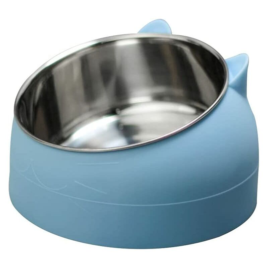 Pet cat bowl, raised non-slip stainless steel tilt feeding bowl - Nordic blue small [capacity 400ML