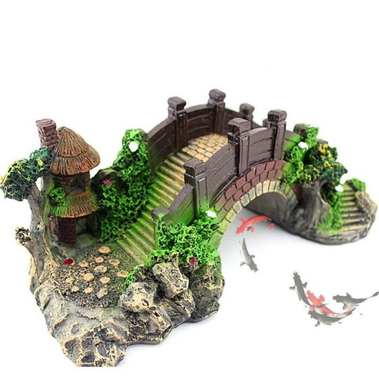 Aquarium Decoration Plants Colorful Bridge Pavilion Tree Rockery, and Polyresin Rock Cave Ornament Decoration