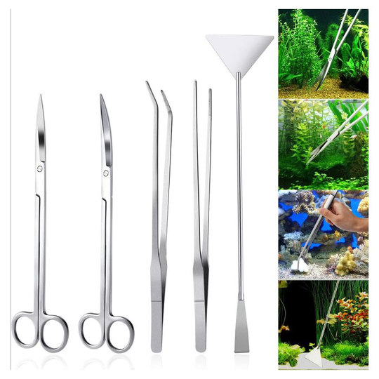Aquarium tool set made of stainless steel, aquatic plant curved tweezers, curved scissors, spatula mirror light, set of 4