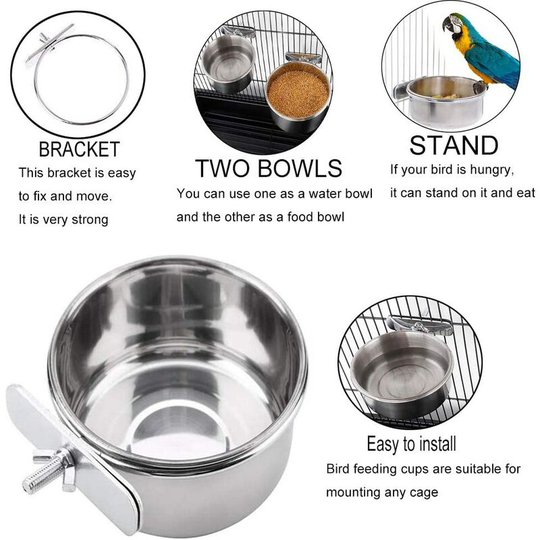 Einemgeld - 2 Pcs Parrot Feeding Cups Birds Food Dish Stainless Steel Parrot Feeders Water Cage Bowls with Clamp Holder for Cockatiel Conure Budgies
