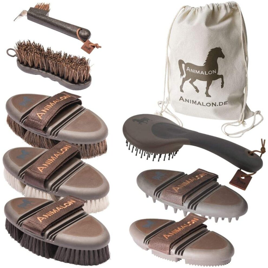 Animalon Deluxe Set | CareFlex Horsehair Brushes, Curry Comb, Shine Brush and Massage Curry, Root Brush, Mane & Tail Brush, Hoof Brush, Hoof