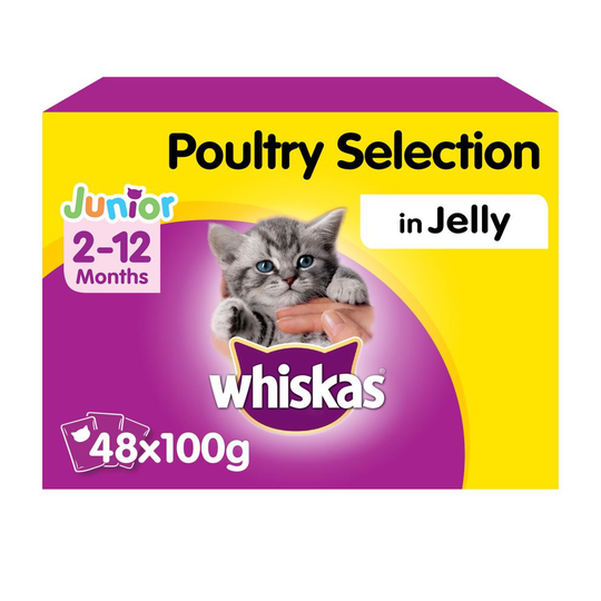 WHISKAS 2-12 Months Kitten Pouches Poultry Selection In Jelly 12x100g (Pack of 4)