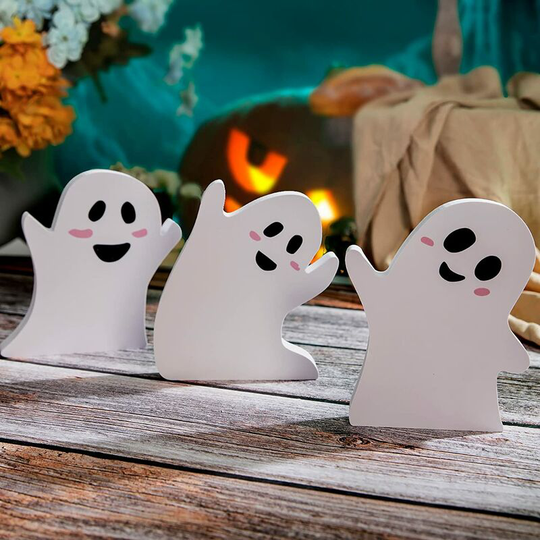 Betterlifegb - 3 Pieces Halloween Decor Wooden Ghost Sign Table Tiered Tray Decorations, Trick or Treat Candy Sign Blocks for Party Home Shelf Display