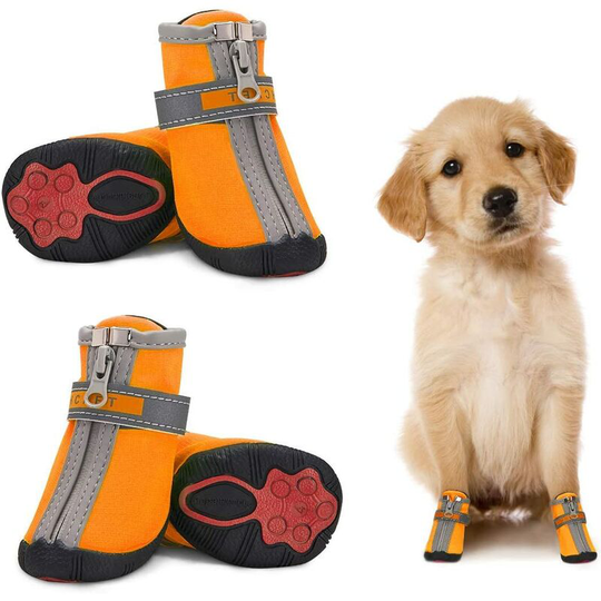 Waterproof Small Dog Shoes 4 Pack, Reflective Non-Slip Paw Protector Dog Boots Warm Puppy Shoes Small Medium Dogs Orange 5 # - Langray