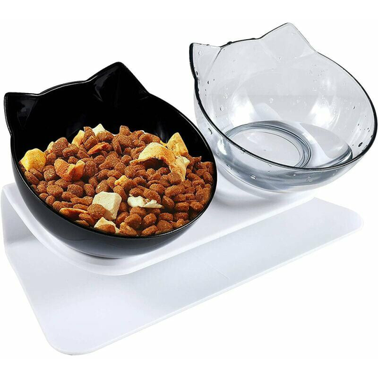 Double Cat Bowl, Cat Bowl, 15° Tilt Double Raised Cat Bowl, Double Bowl Pet Feeder with Raised Stand for Cats and Small Dogs