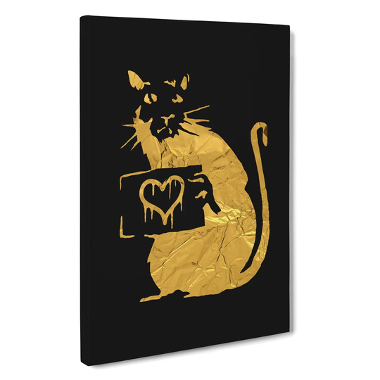 Banksy in Gold Rat with Heart - Wrapped Canvas Graphic Art