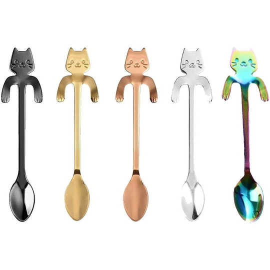 Modou - Cat Teaspoon, 5 Pieces Stainless Steel Hanging Teaspoon Kitten Design Mini Stirring Spoon for Water, Tea, Milk, Coffee, Dessert, Drink,