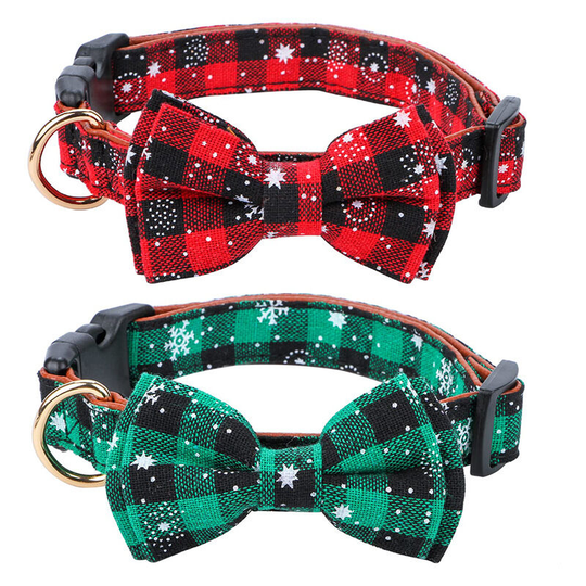 2 Pack Christmas Dog Collar with Bow Tie, Holiday Buffalo Snowflake Collar for Medium Dogs Cats Pets Puppies