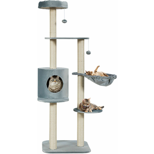 Costway - Multi-Level Cat Tree, Kitten Climbing Tower with Sisal Scratching Posts, Plush Perch, Condo, Basket Lounger and Hanging Toys, Cats