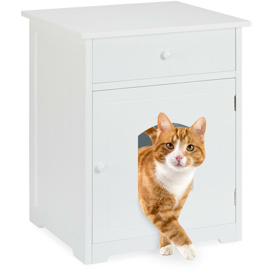 Cat Cabinet with Drawer, Wooden Cupboard Design, Litter Box, Pet House, h x w x d 63.5 x 52 x 48 cm, White - Relaxdays