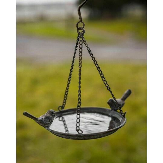 Vintage Hanging Bird Feeder for Wild Birds, Rustic Antique Distressed Metal Bird Bath or Table with Hanging Hook