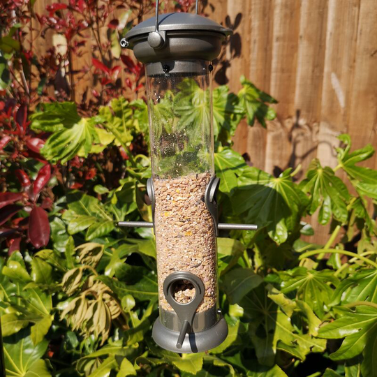 Heavy Duty Flick and Click 4 Port Garden Wild Bird Hanging Pewter Metal Seed Feeder - Tom Chambers