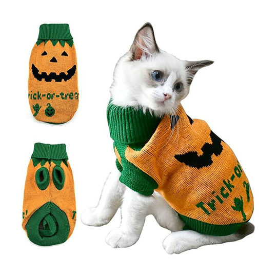 Pet Puppy Dog Halloween Sweater Cat Pumpkin Knitwear Clothes Costume with Ghost Trick or Treat Pattern Dog Halloween Sweater Coat for Kittens Small