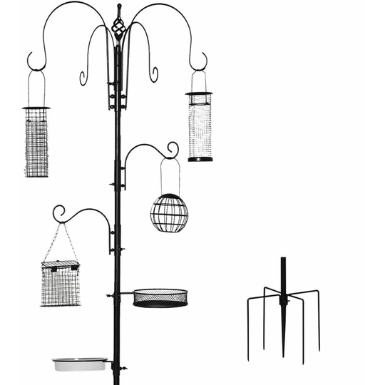 Pawhut - Bird Feeding Station Kit Wild Bird Feeder Pole w/ 6 Hooks 4 Prong Bases - Black