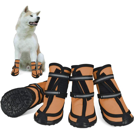 Protective Dog Boots Waterproof Set, Non-Slip Dog Shoes with Adhesive Buckle Reflective Straps Heavy Duty Warm Dog Shoes for Dogs Orange s