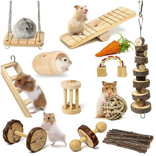 12 Pcs Natural Wooden Hamster Ball Swing Toy for Rat Guinea Pig Chinchilla Gerbil Rabbit Parrot Syrian Hamster