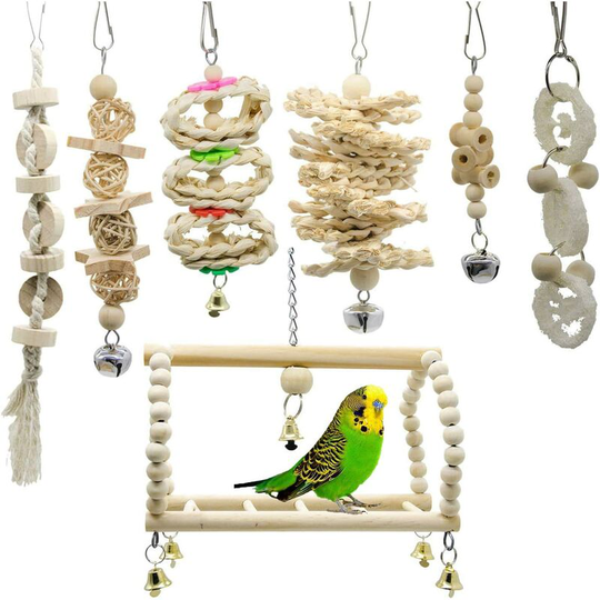 Thsinde - 7pcs Bird Parrot Swing Chew Toys - Natural Wood Hanging Bell Bird Cage Toys suitable for Bird Parrot Macaw African Gray Parakeet Cage Toy