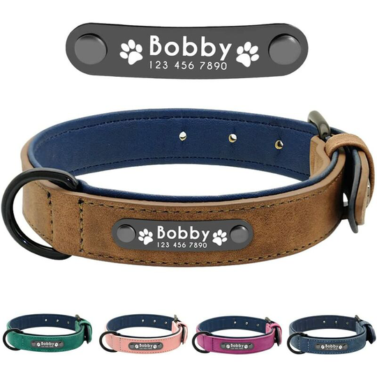Perle Rare - Personalized soft dog collar with engraved plaque in small, medium or large sizes, large brown