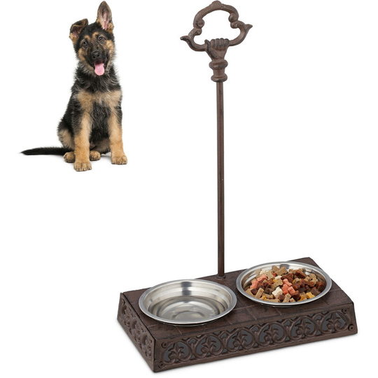 Relaxdays - Cast Iron Pet Feeding Station for Cats & Dogs, Antique Style, Handle, 2 Stainless Steel Bowls, Dark Brown