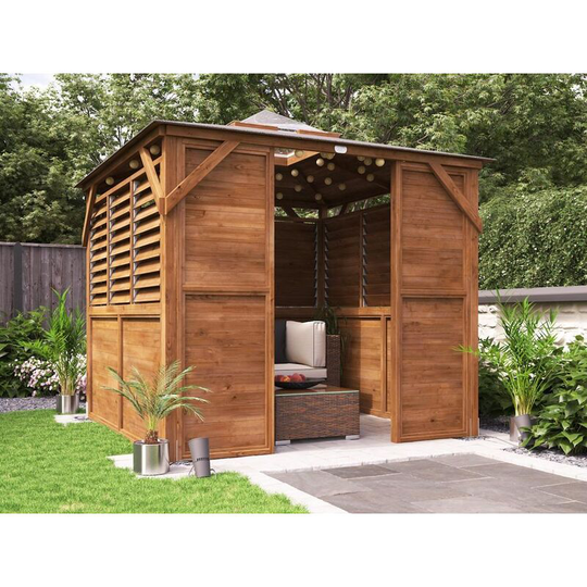 Wooden Gazebo with Sides Erin 2.5m x 2.5m - Half Wall Half Louvre and Front Panel Garden Shelter Pressure Treated Hot Tub Pavilion with Roof Felt