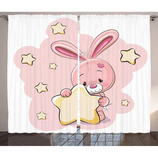 Rabbit Bunny with Star Art 2 Piece Room Darkening Curtain Set