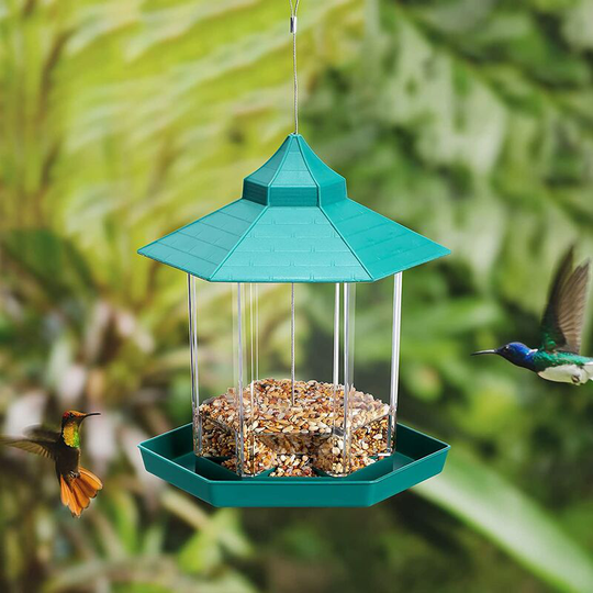 Bird feeder with roof suspension for outdoor decoration in the garden