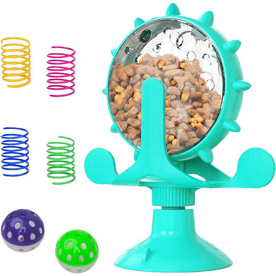 2021New Upgrade Cat Toys, Windmill Leaking Food Toy Interactive Cat Toys for Indoor Cats with Suction Cup,Cat Spring Cat Bell Ball (Lake Blue)