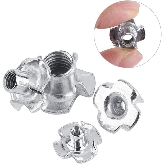 Denuotop - Self-Locking T-Nuts 4 Claws Zinc Plated Steel for Woodworking Furniture (M6 x 50pcs)