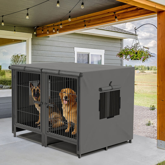 Bingo Paw 130cm/51" Large Dog Crate Playpen Raised Pet Dog Cage Double Door and Tray, Divider Kennel, Waterproof Roof Cover