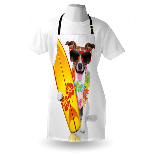 Surfer Puppy with Sunglasses and Tropical Hibiscus Flowers Hawaiian Apron