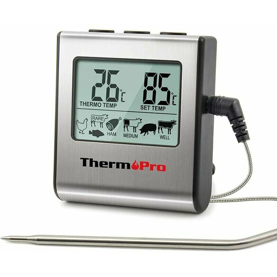 TP16 Digital Meat Cooking Thermometer with Large LCD Display for Smoker Oven Kitchen Treats BBQ Grill Thermometer with Timer and Stainless Steel