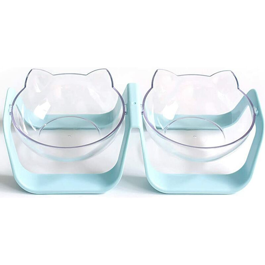 15° Tilted Platform Cat Bowl, Adjustable Anti-Spill, Food and Water Bowl for Small Cats and Dogs (Double Bowl) (Blue)