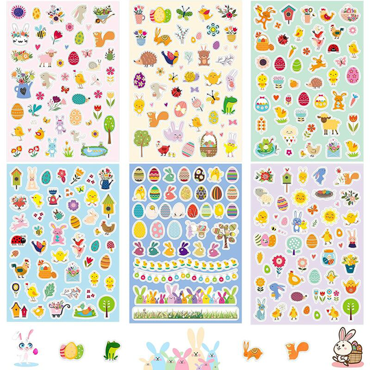 Briday - 6 Sheets Easter Stickers, Easter Stickers for Kids, Easter Stickers Easter Eggs, Rabbit, Chicken, Flower, for diy Craft Art, Easter