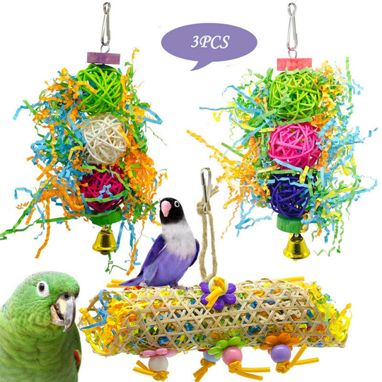 3 PCS Bird Toys, Bird Chew Toys, Swings, Bell and Foot Catch Ball for Small Parrots, Macaws, Parakeets, Conures, Cockatiels