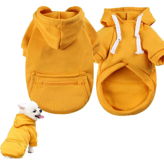 Yellow hoodie for dog with pocket, solid color coat with pocket for small to medium size dog, size s