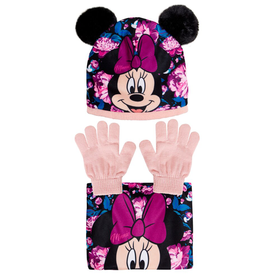 (Pink, 6-8 Years) Disney Minnie Mouse Bobble Hat + Snood Scarf + Gloves Girls 3 Piece Winter Set