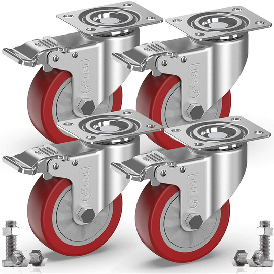 Benobby Kids - 4 Swivel Castors for Furniture with Brake + Screws - 100mm up to 600KG - Heavy Duty Floor Castor without Traces - Rubber Trolley Wheel