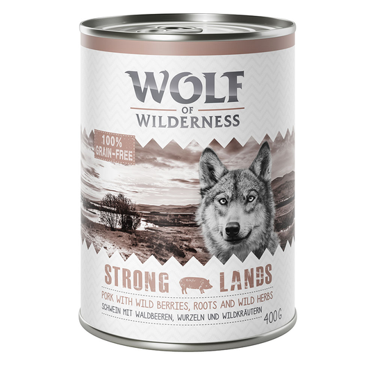 6 x 400g Wolf of Wilderness Wet Dog Food - 5 + 1 Free!* - Classic Strong Lands - Pork