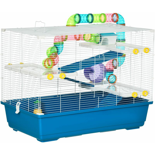 PawHut Large Hamster Cage w/ Water Bottle, Exercise Wheel, Ramps - Blue - Blue