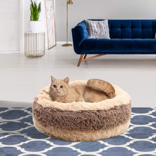 (Apricot-Coffee, XL Dia.80*H20cm) Pet Dog Bed Mat Soft Plush Cat Calming Kennel Cushion