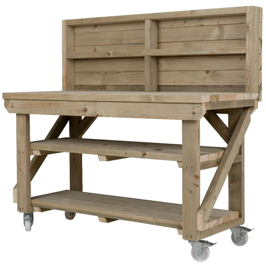 Wooden Pressure Treated Indoor / Outdoor Workbench, 3ft (90cm), With back panel, wheels and Double shelf