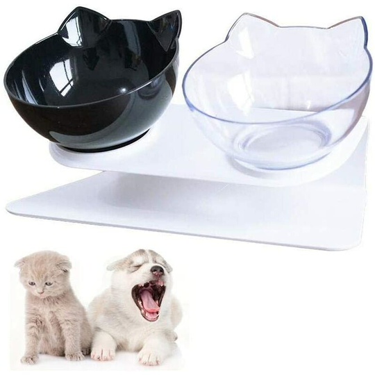 Echoo - Cat Double Bowl Cat Bowl With Raised Support For Small Dogs And Cats Black
