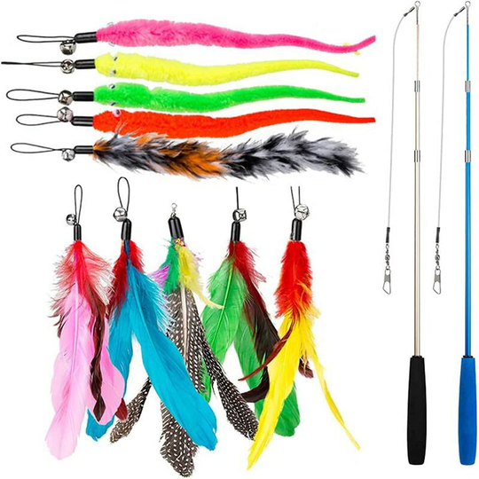 12 PCS Cat Feather Toy, Stick Toy Cat Fishing Rod with 2 PCS Interactive Retractable Rod, 10 PCS Replacement Feather with Pendant, Telescopic Pole