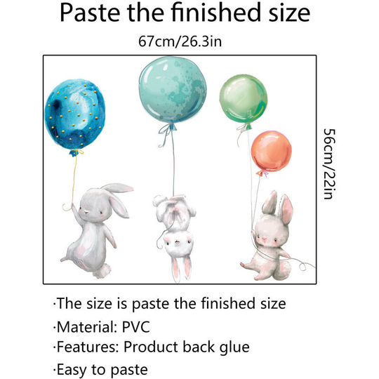 Perle Rare - Personalized Watercolor Animals Wall Decals with Name Wall Decals Kids Room Baby Room Girls Playroom (3 Rabbits with Balloons, 30*90cm)