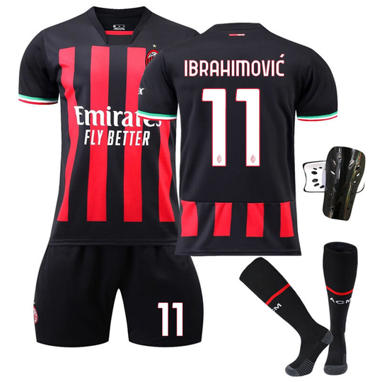 Milan home black red football suit No. 11 with socks+protective gear, children's size 22